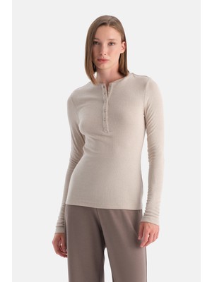 Dagi Sütlü Kahve Yarım Düğmeli Kaşmir Modal Uzun Kollu Tişört