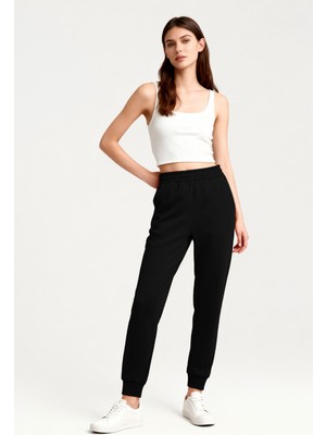 Tommy Life Siyah Yüksek Bel Jogger Rahat Form Manşetli Kadın Eşofman Alt - 94561