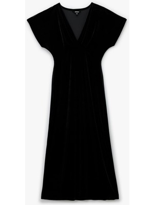 Koton Slim Fit Kısa Yarasa Kollu Kruvaze V Yaka Midi Boy Kadife Elbise