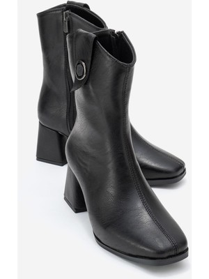 Ccway Kadın Sade Yan Aksesuarlı Küt Topuklu Bot SİYAH CİLT