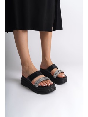 Baybonza Sarah Düz Topuklu Taşlı Şeritli Kalın ve Ortopedik Taban Kadın Terlik Cst - Siyah