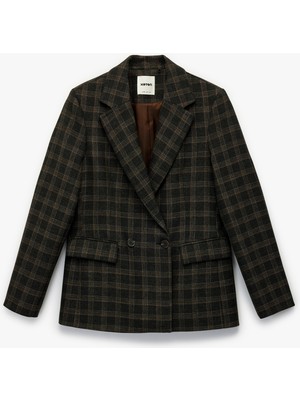 Koton x Melis Ağazat Kadın Uzun Kollu Ekose Oversize Blazer Ceket Polyester Karışımlı Çift Cepli