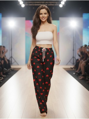 Bukadınca Kırmızı Kalp Desenli Siyah Pijama Altı