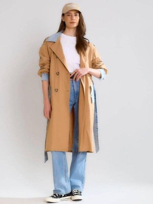 Robin 87077 Jean Detaylı Uzun Trench Karamel