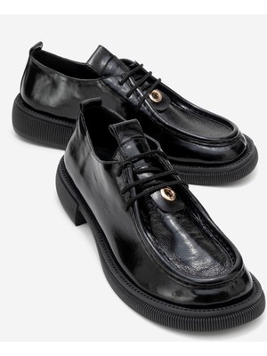 Luvi Band Siyah Kırışık Rugan Hakiki Deri Bağcıklı Kadın Loafer Ayakkabı