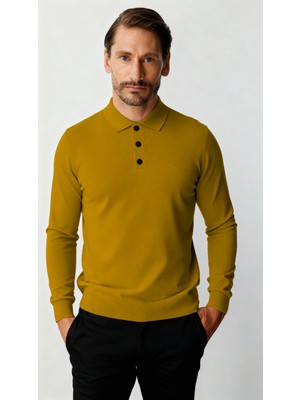 İGS Kehribar Standart Fit Dar Kalıp Polo Yaka Düz Uzun Kollu  Triko