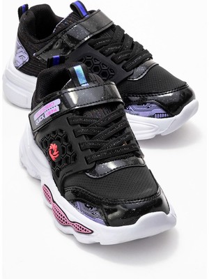 Ccway Bağcıklı Cırtlı Çocuk Spor Ayakkabı; Siyah Lila Beyaz