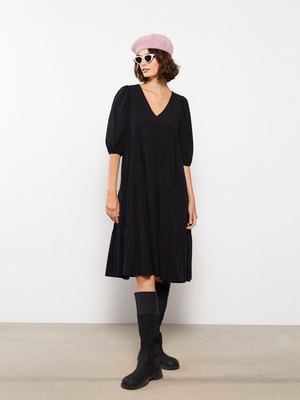 Lc Waikiki Yeni Sezon V Yaka Düz Balon Kollu Elbise