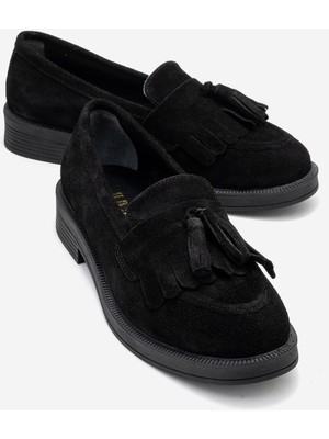 Luvi Milina Siyah Süet Püsküllü Hakiki Deri Kadın Loafer Ayakkabı