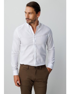 İGS Beyaz Slim Fit Dar Kalıp Klasik Yaka Düz Uzun Kollu Cepsiz %100 Pamuk Non Iron Ütü İstemeyen Gömlek