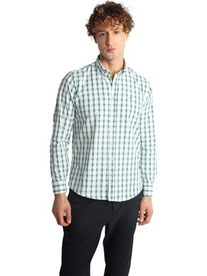 İGS Yeşil Dynamic Fit  Düğmeli Yaka Ekose Uzun Kollu Cepsiz %100 Pamuk Gömlek