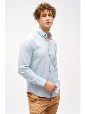 İGS Mavi Dynamic Fit  Düğmeli Yaka Çizgili Uzun Kollu Cepsiz %100 Pamuk Gömlek