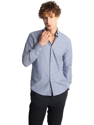 İGS Lacivert Dynamic Fit  Düğmeli Yaka Çizgili Uzun Kollu Cepsiz %100 Pamuk Gömlek