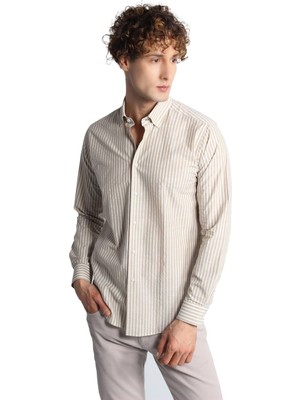 İGS Bej Dynamic Fit  Düğmeli Yaka Çizgili Uzun Kollu Cepsiz %100 Pamuk Gömlek