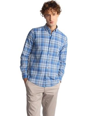 İGS Mavi Dynamic Fit  Düğmeli Yaka Ekose Uzun Kollu Cepsiz %100 Pamuk Gömlek