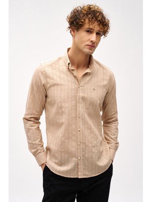 İGS Bej Dynamic Fit  Düğmeli Yaka Çizgili Uzun Kollu Cepsiz %100 Pamuk Gömlek
