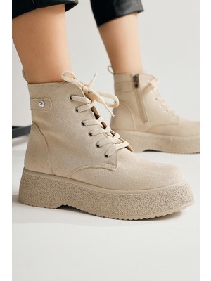 Shemard Kadın Postal Bot Bağcıklı Yandan Fermuarlı Bej Termo Kaymaz Taban