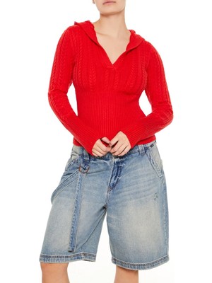 F21 Kapüşonlu Örgü Kazak