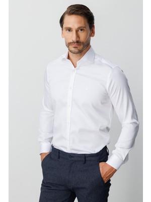 İGS Beyaz Slim Fit Dar Kalıp Klasik Yaka Düz Uzun Kollu Cepsiz %100 Pamuk Gömlek
