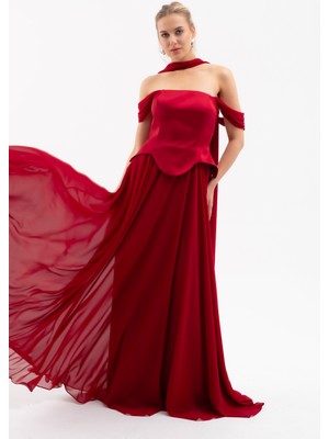 Lafaba Kadın Bordo Şal Yaka Straplez Söz Nişan Abiye Elbise