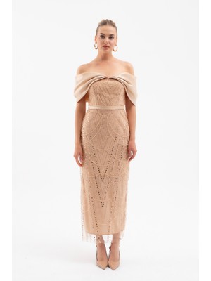 Lafaba Kadın Bej Kayık Yaka Midi Boncuklu Abiye Elbise