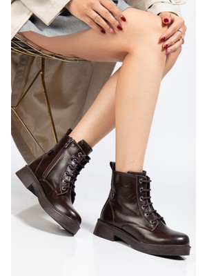 Shemard Kahve Kırışık Rugan Bağcıklı Fermuarlı Günlük Kadın Bot