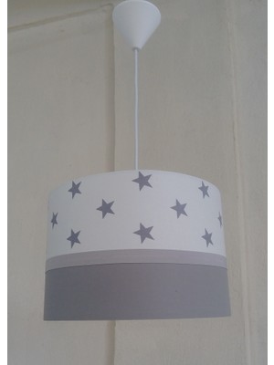 Onay Avize Beyaz Yıldızlı M-500 Gri Şerit Kumaş Kaplama Çocuk Odası ve Bebek Odası Avize Aydınlatma Sarkıt