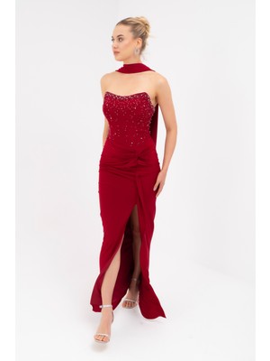 Lafaba Kadın Bordo Şal Yaka Taşlı Düğüm Detay Uzun Abiye Elbise