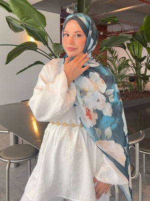 Mira İpek Pamuk Şal Retro Desenli Turkuaz Beyaz Çiçek PS46 Etnik Desenlerle Şıklık