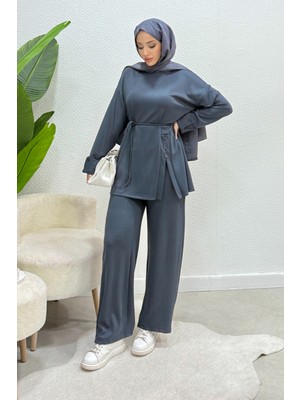 Tesettür Diyarı Berla Model Orijinal Düğmeli Alt Üst Tesettür Takım- Füme