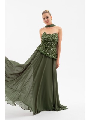 Lafaba Kadın Haki Straplez Pul Payet Piliseli Uzun Abiye Elbise