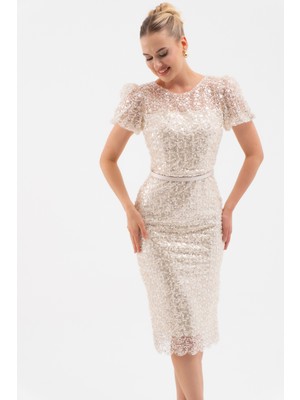 Lafaba Kadın Krem Boncuklu Midi Abiye Elbise