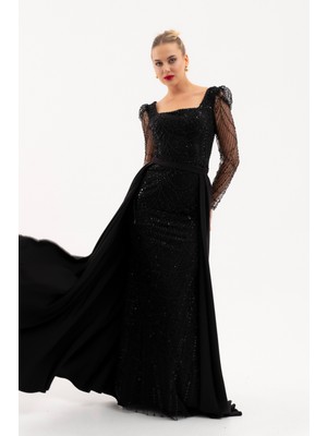 Lafaba Kadın Siyah Uzun Kol Taşlı Saten Kuyruk Aksesuarlı Abiye