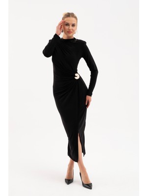Lafaba Kadın Siyah Aksesuar Detay Midi Elbise