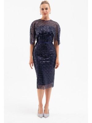 Lafaba Kadın Lacivert Bolero Detay Boncuklu Midi Söz Nişan Abiye Elbise