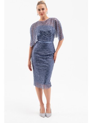 Lafaba Kadın Indigo Bolero Detay Boncuklu Midi Söz Nişan Abiye Elbise