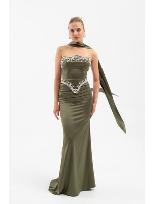 Lafaba Kadın Haki Straplez Taşlı Uzun Saten Abiye Elbise