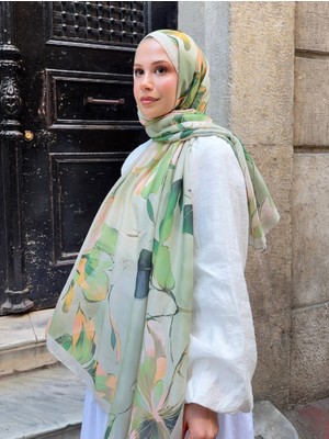 Mira İpek Gül Desen Pamuk Şal Yeşil PS71