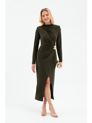 Lafaba Kadın Haki Aksesuar Detay Midi Elbise