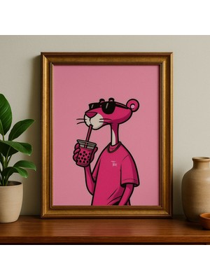 Bubble Tea Içen Pembe Panter Pop-Art Duvar Tablosu (Çerçeveli)