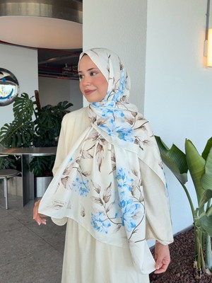 Mira İpek Desenli Pamuk Soft Şal Ilham Serisi Ekru Mavi PS87