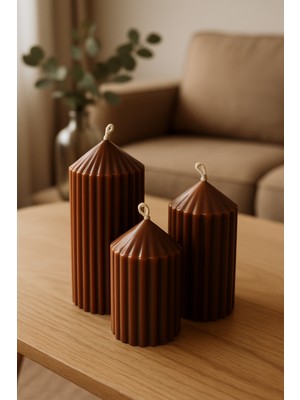 3’lü Oluklu Silindir Dekoratif Mum Seti Kahverengi (Büyük-Orta-Küçük)Büyük Boy:15- Orta Boy:12- Küçük Boy:8cm