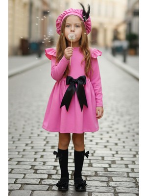 Parla Kids Kız Çocuk Pembe Sofia Pamuklu Fiyonk Detaylı Elbise Kep Abiye Takım