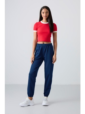 Tommy Life İndigo Cepli Yüksek Bel Rahat Form Lastik Paça Kadın Eşofman Alt - 94583