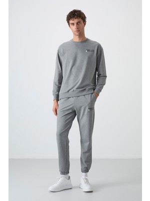 Tommy Life Gri Melanj Casual O Yaka Lastik Paça Pamuklu Erkek Standart Kalıp Eşofman Takımı - 85120
