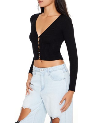 F21 Crop Düğmeli Hırka