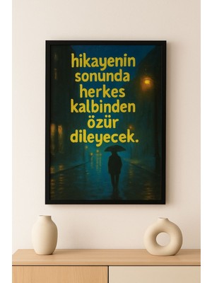 Hikayenin Sonunda – Minimal Tipografi Söz Duvar Tablosu (Çerçeveli)