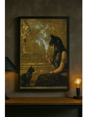 Mistik Mısır Tanrıçası ve Siyah Kedi – Mitoloji Temalı Duvar Tablosu (Çerçeveli)