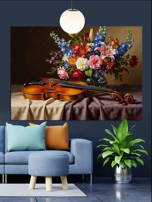 Tablo Mega Mavi Çiçek Buketi Natürmort Dekoratif Kanvas - Mdf Ahşap Tablo