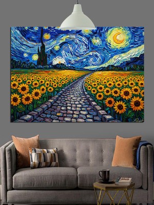 Tablo Mega Van Gogh Ayçiçeği Yıldızlı Gece Dekoratif Kanvas - Mdf Ahşap Tablo